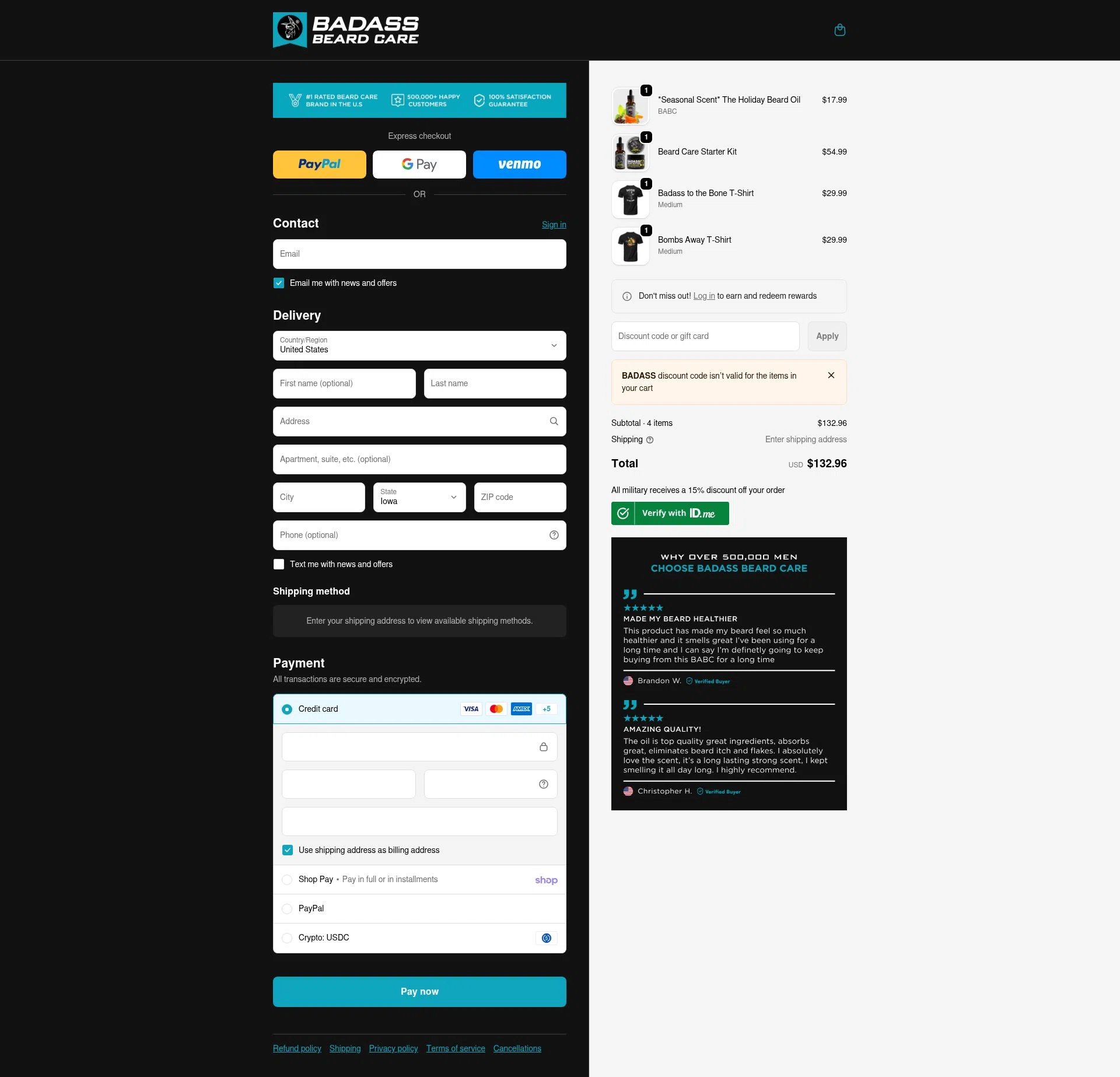 Badass Beard Care checkout page showing Badass Beard Care coupon code box | Screenshot taken by SimplyCodes community member on Feb 18, 2026