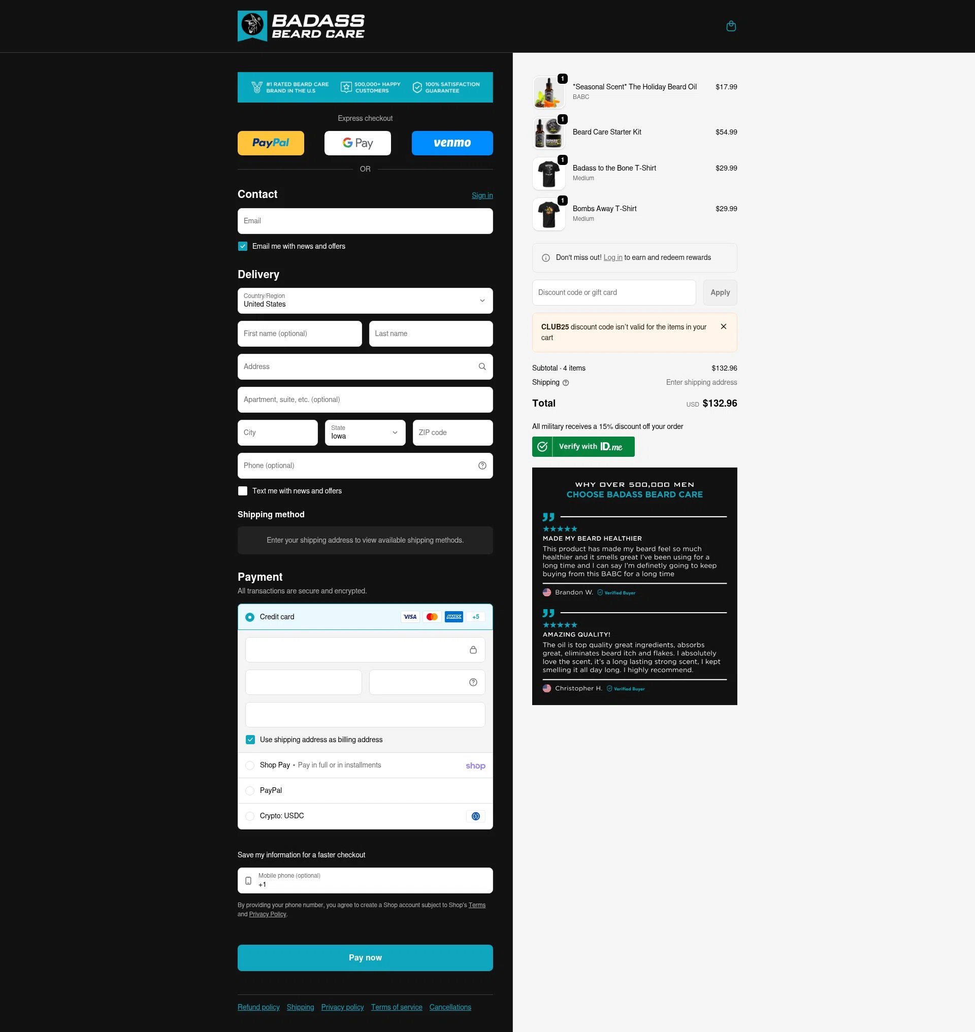 Badass Beard Care checkout page showing Badass Beard Care coupon code box | Screenshot taken by SimplyCodes community member on Feb 5, 2026