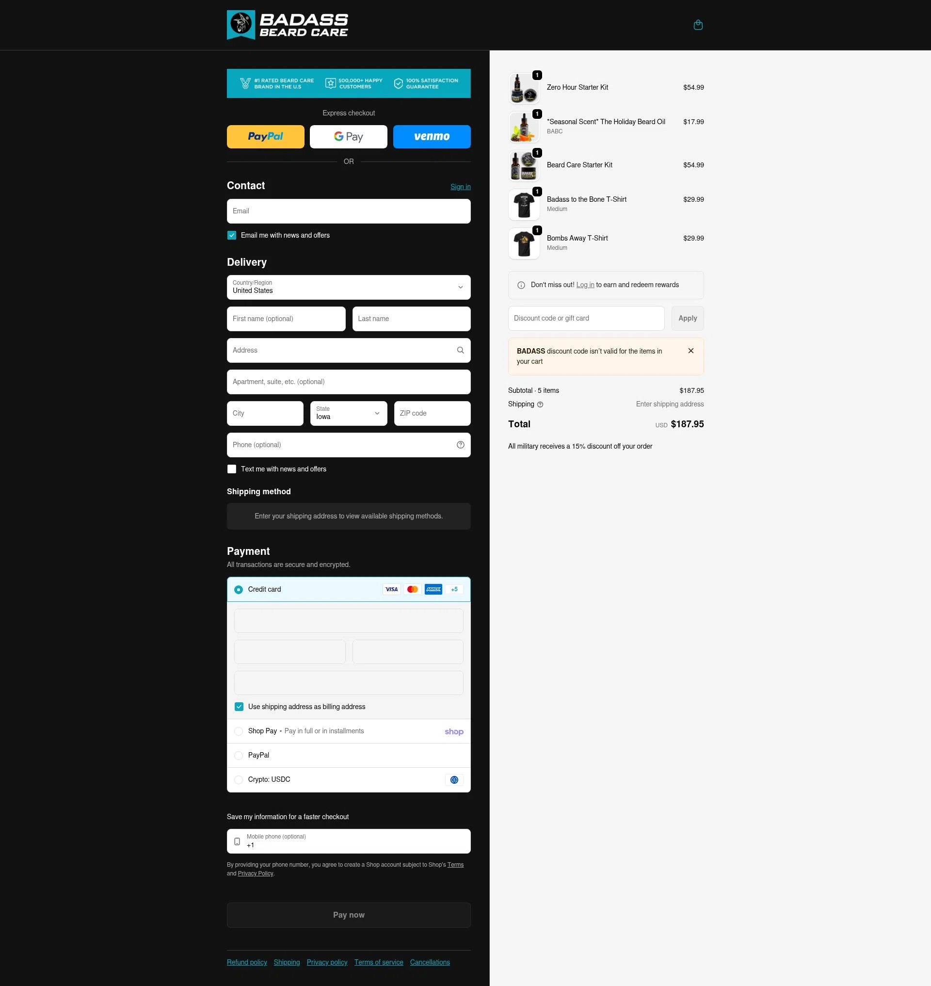 Badass Beard Care checkout page showing Badass Beard Care coupon code box | Screenshot taken by SimplyCodes community member on Jan 31, 2026