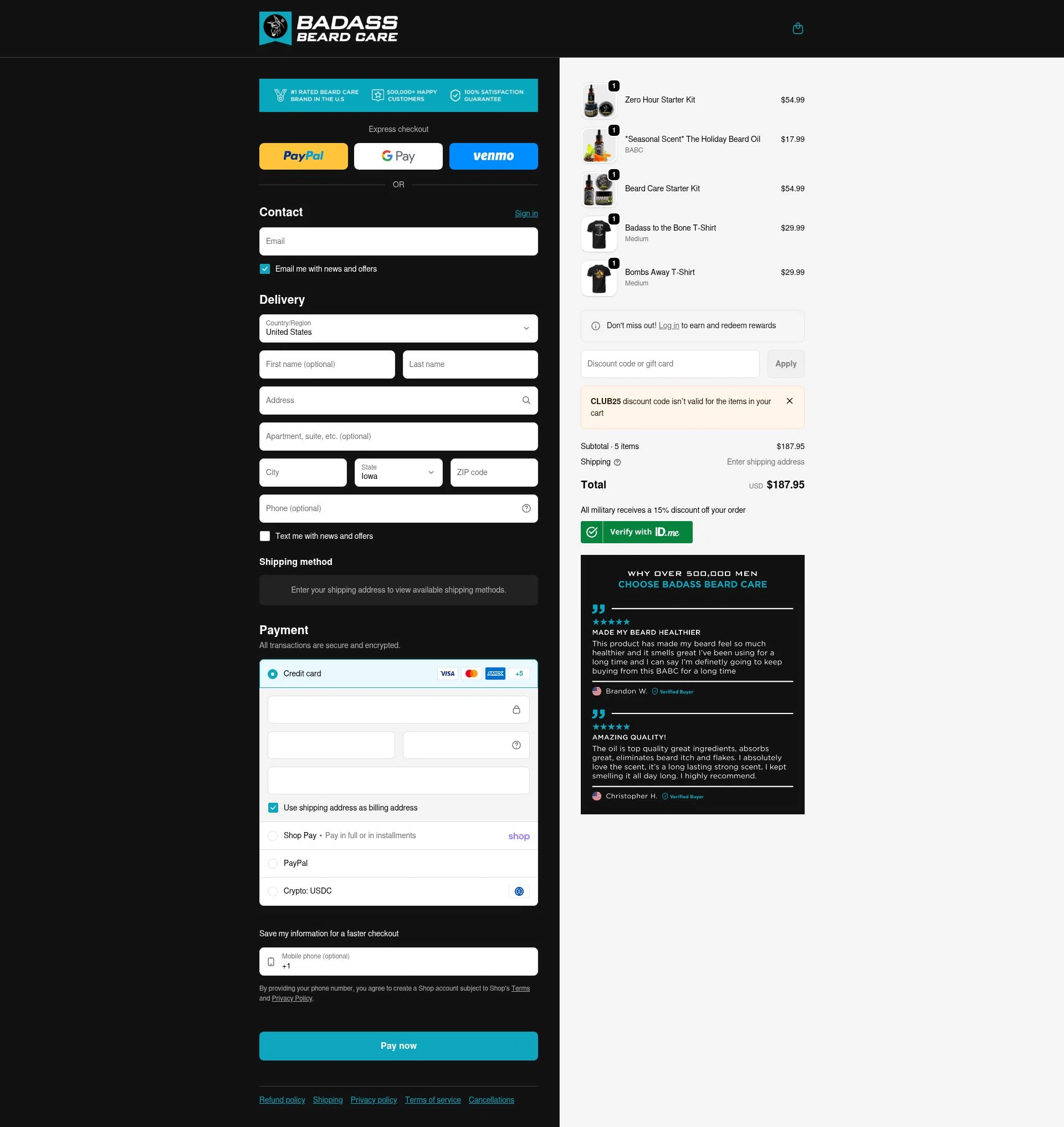 Badass Beard Care checkout page showing Badass Beard Care coupon code box | Screenshot taken by SimplyCodes community member on Jan 31, 2026