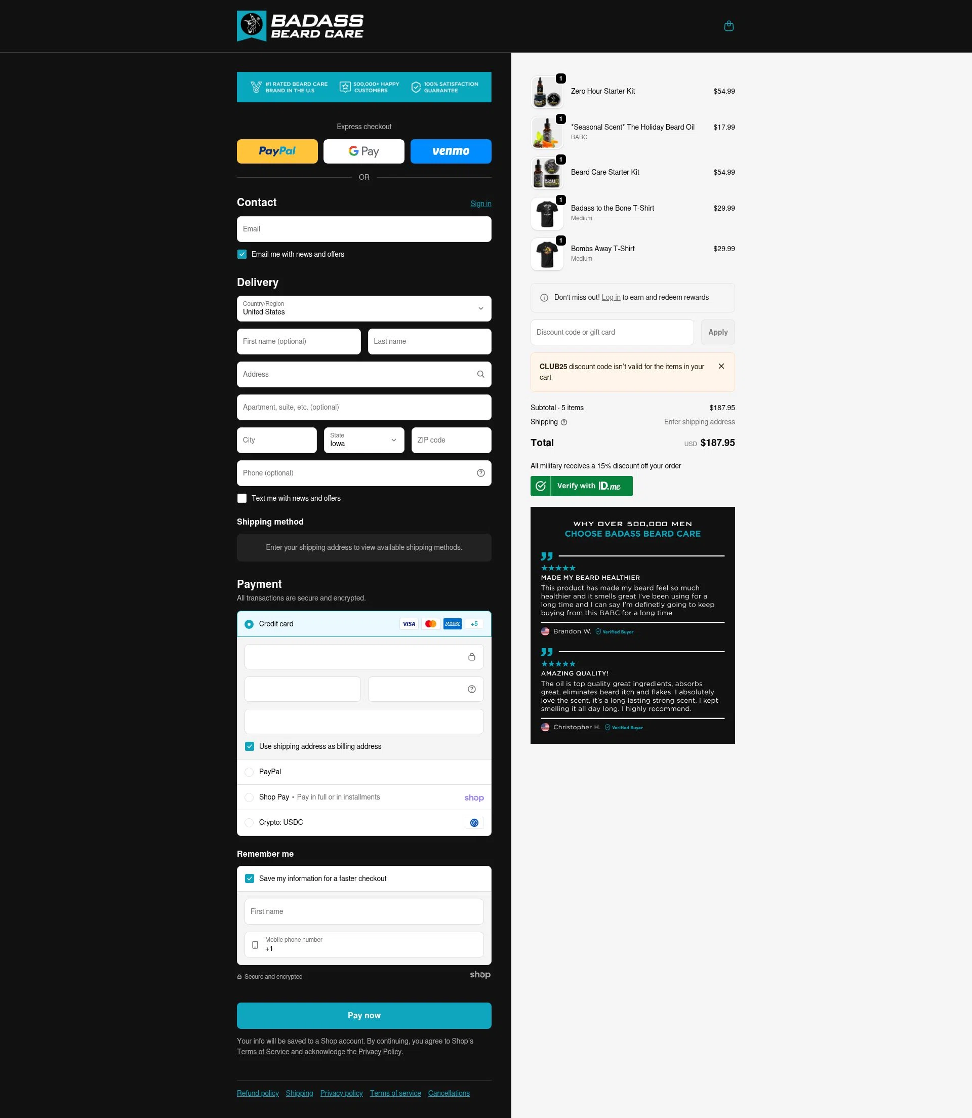Badass Beard Care checkout page showing Badass Beard Care coupon code box | Screenshot taken by SimplyCodes community member on Jan 27, 2026