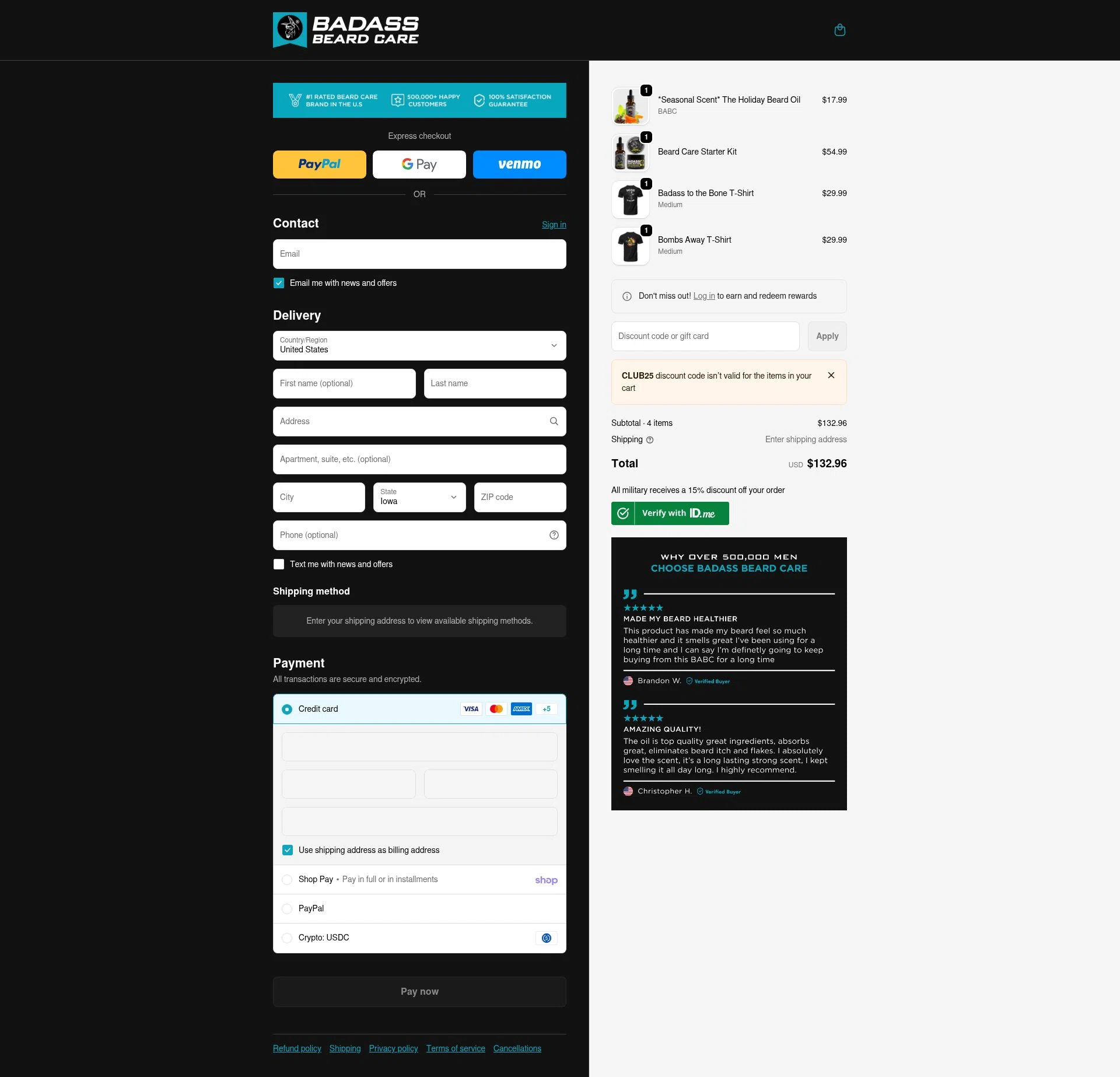 Badass Beard Care checkout page showing Badass Beard Care coupon code box | Screenshot taken by SimplyCodes community member on Feb 18, 2026