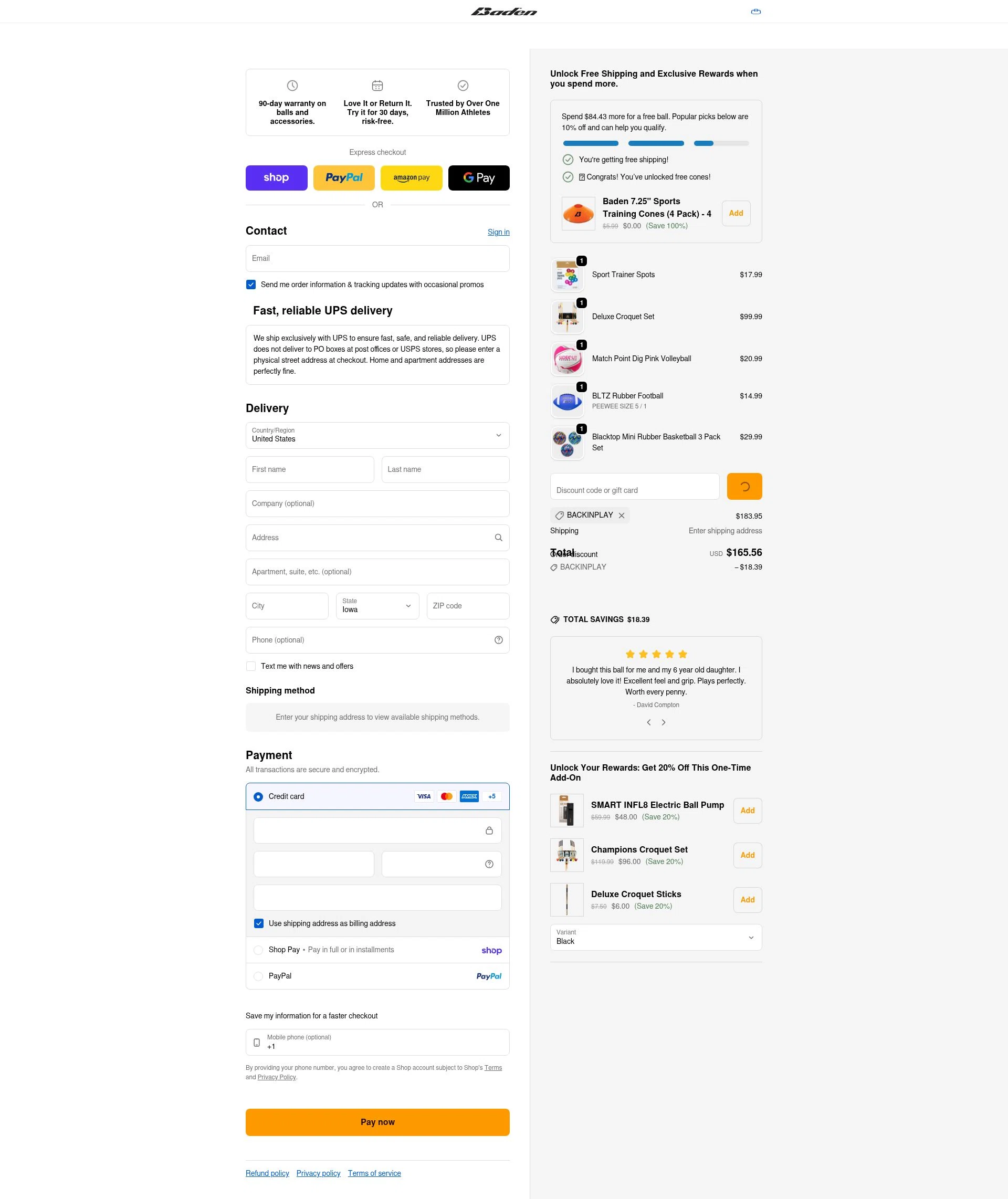Baden Sports checkout page showing Baden Sports promo code box | Screenshot taken by SimplyCodes community member on Feb 5, 2026
