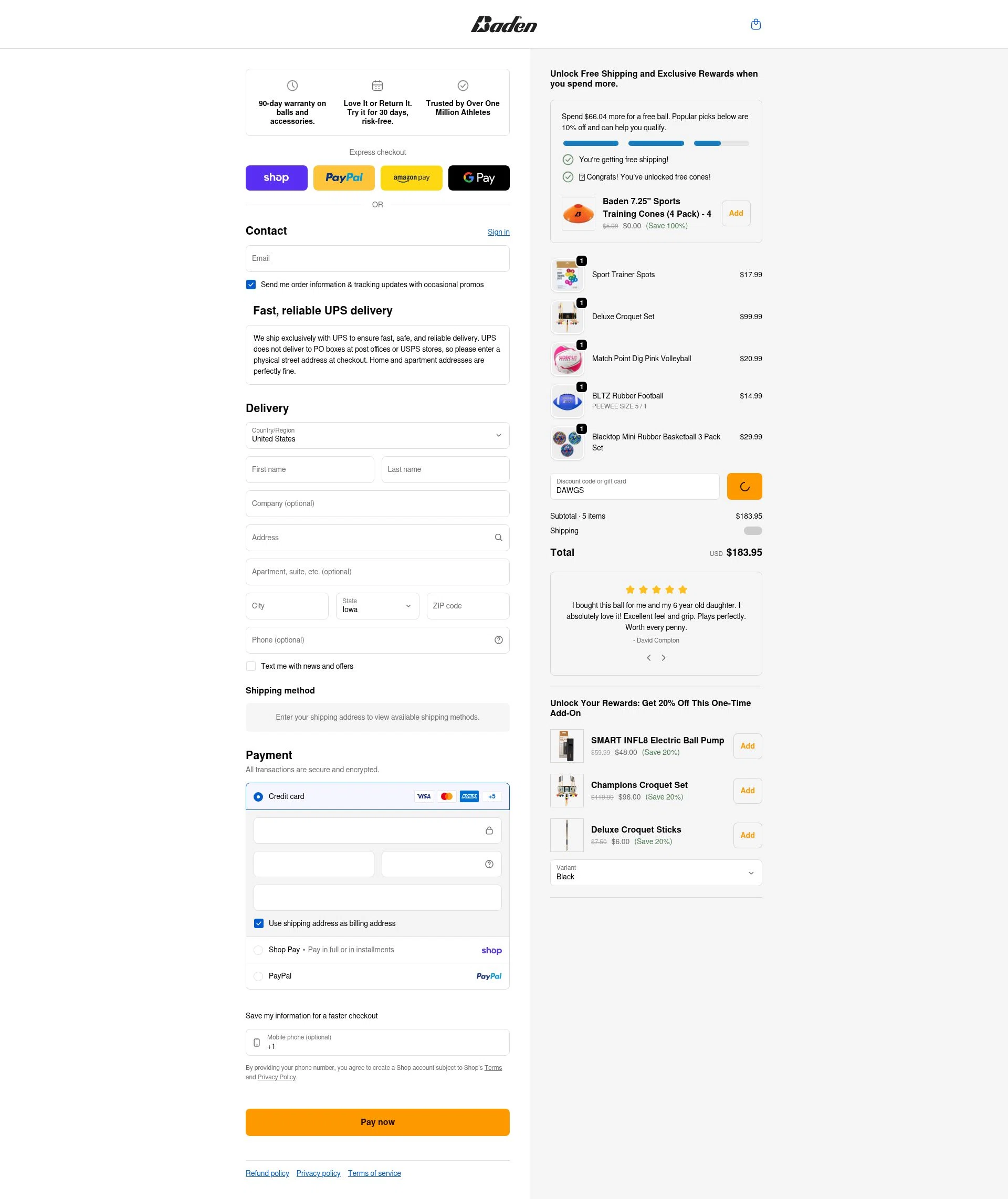 Baden Sports checkout page showing Baden Sports promo code box | Screenshot taken by SimplyCodes community member on Feb 5, 2026