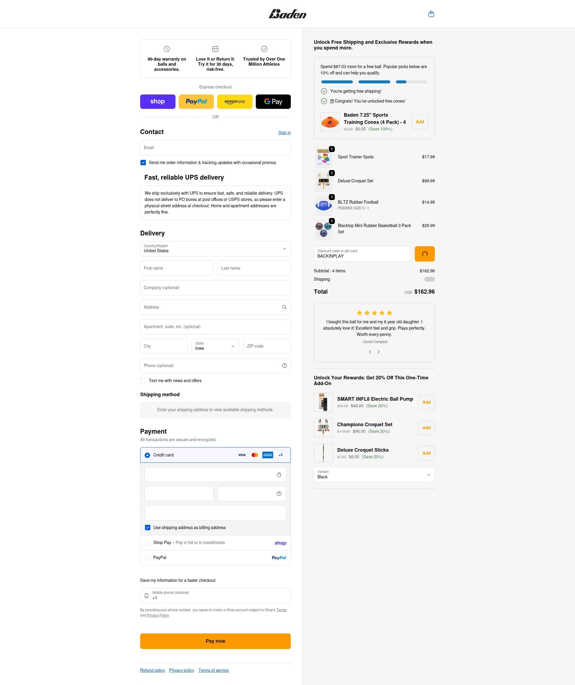 Baden Sports checkout page showing Baden Sports promo code box | Screenshot taken by SimplyCodes community member on Feb 1, 2026