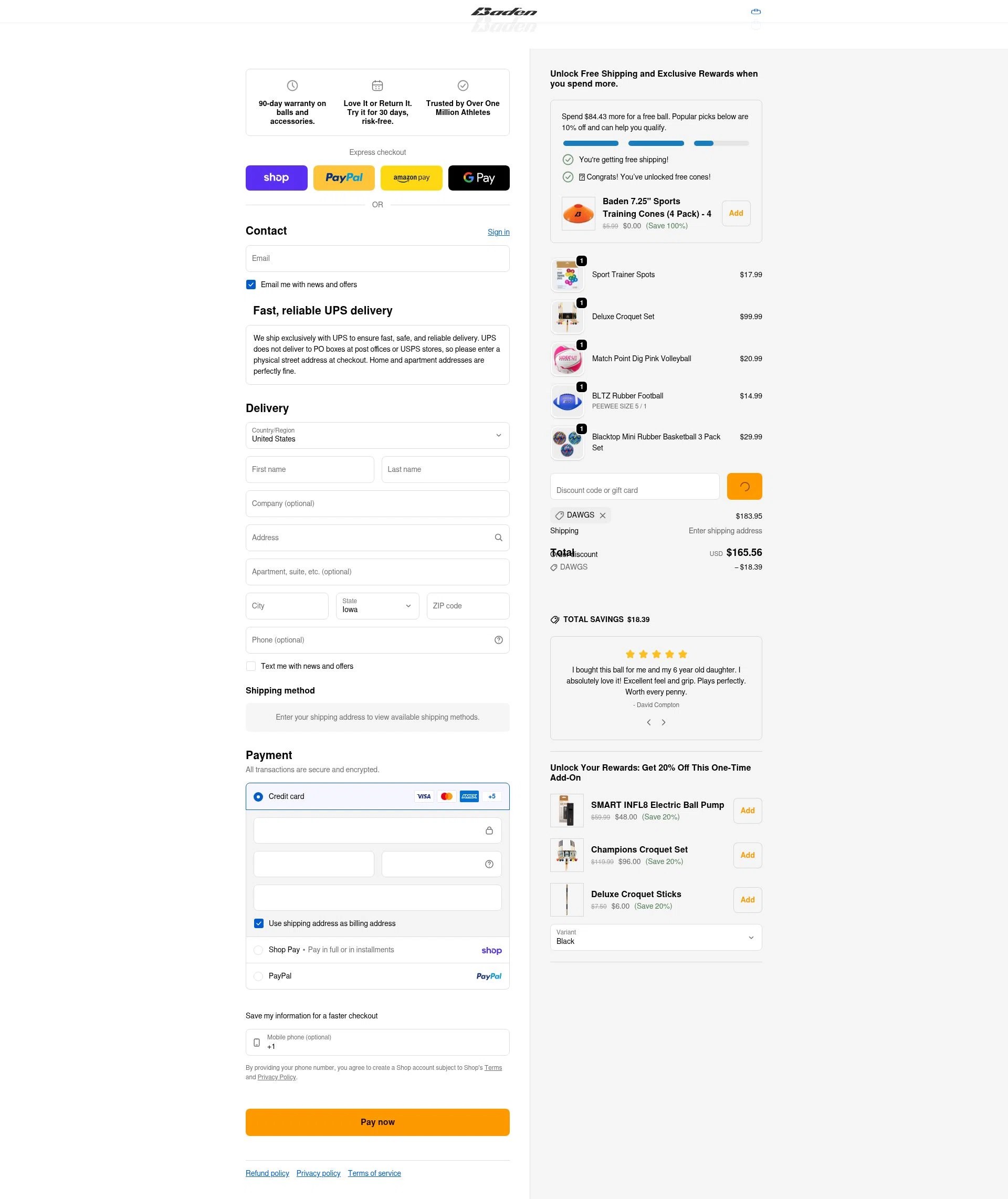 Baden Sports checkout page showing Baden Sports promo code box | Screenshot taken by SimplyCodes community member on Feb 10, 2026