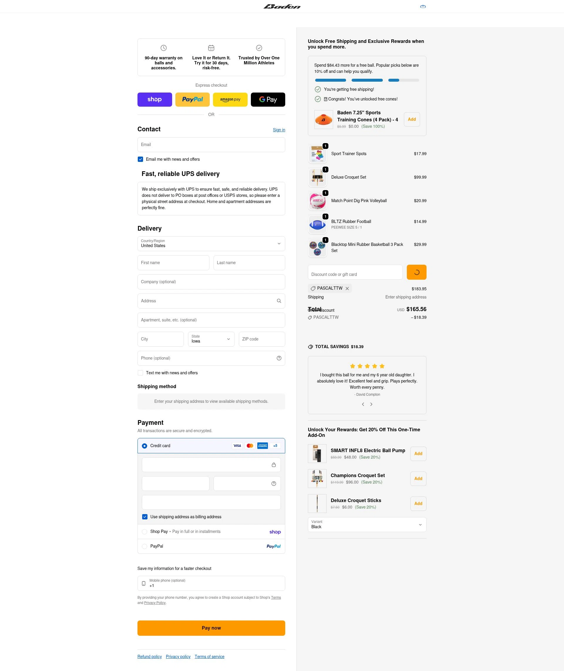Baden Sports checkout page showing Baden Sports promo code box | Screenshot taken by SimplyCodes community member on Feb 10, 2026