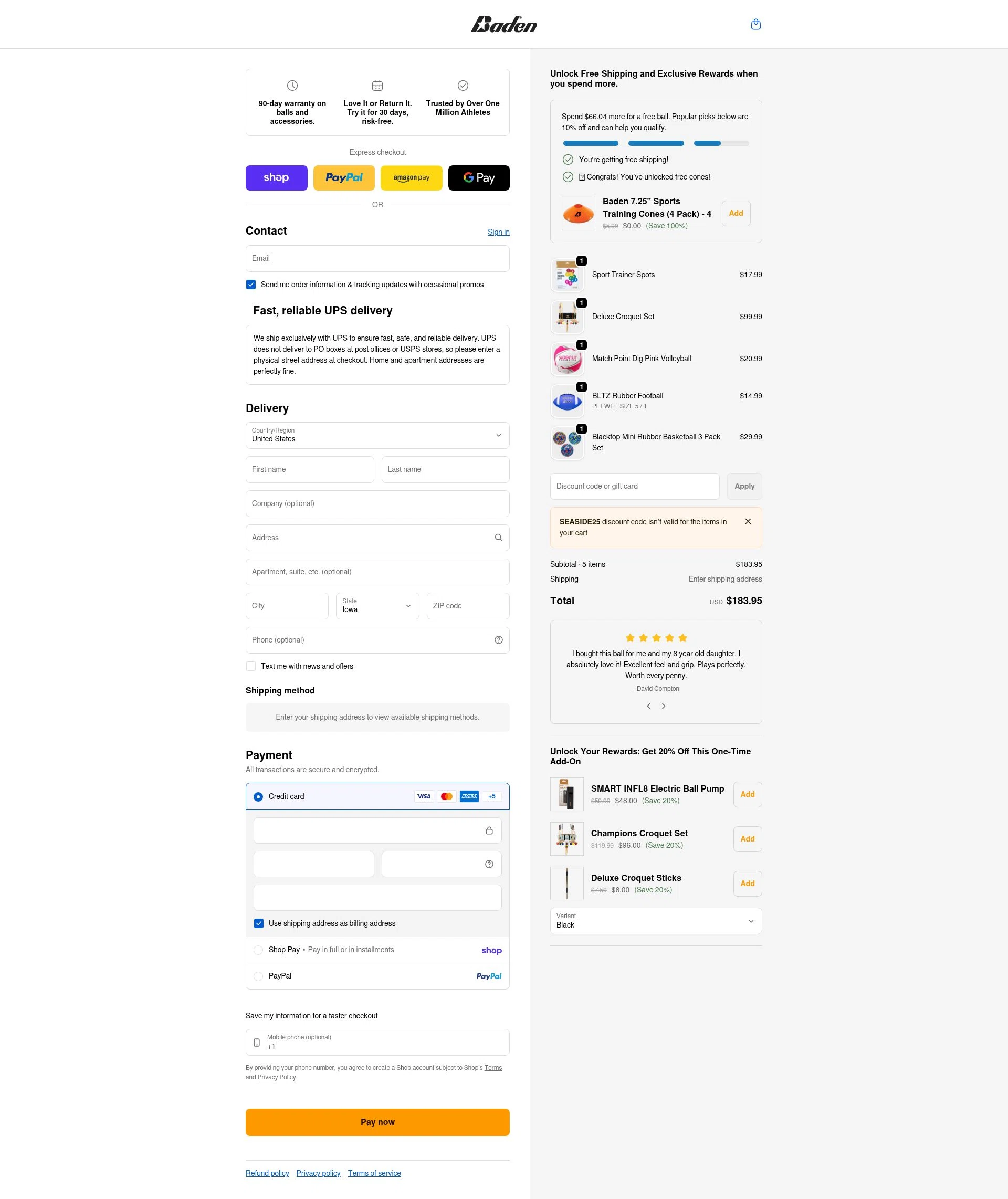 Baden Sports checkout page showing Baden Sports promo code box | Screenshot taken by SimplyCodes community member on Feb 5, 2026