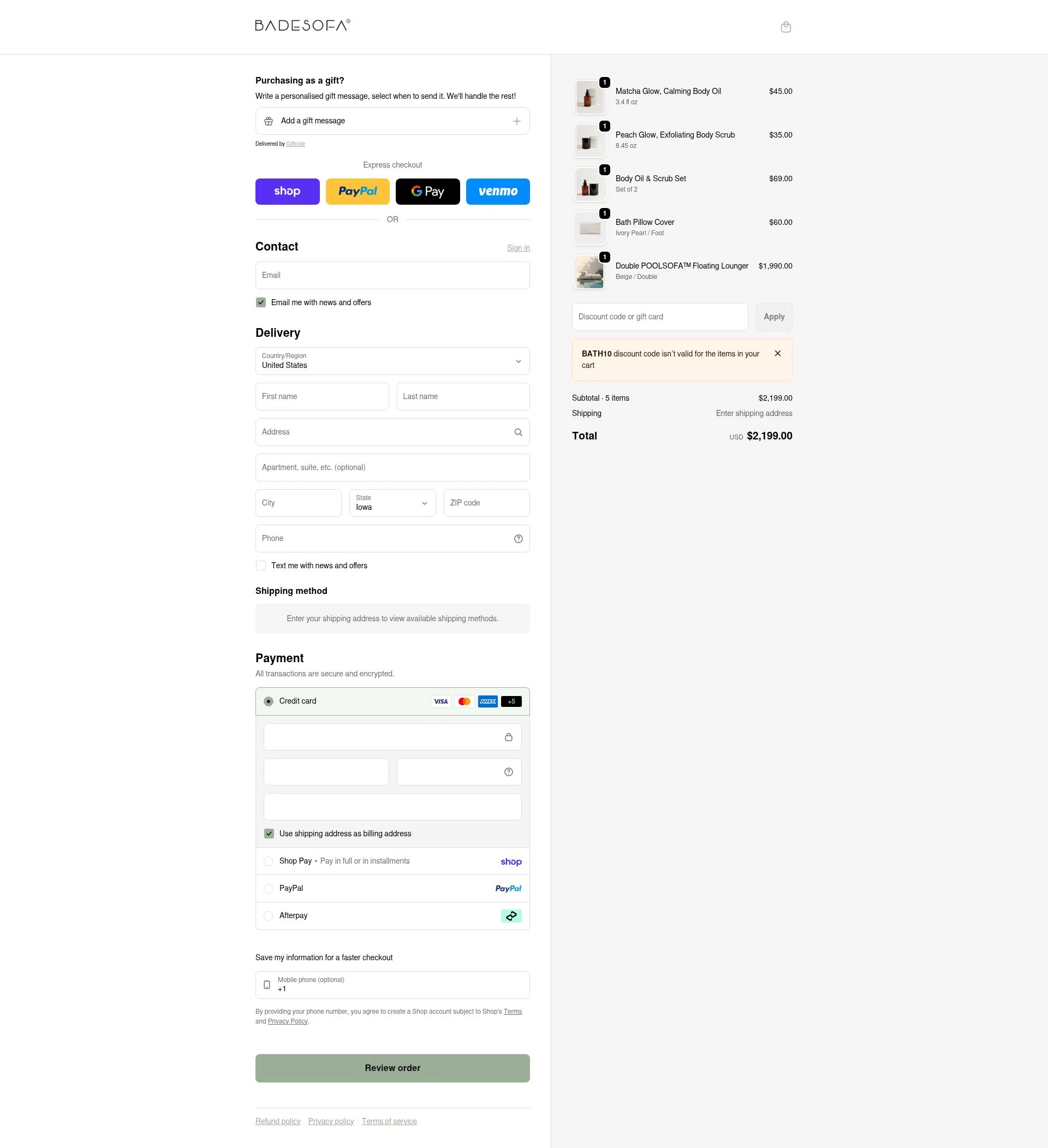 BADESOFA checkout page showing BADESOFA discount code box | Screenshot taken by SimplyCodes community member on Jan 30, 2026