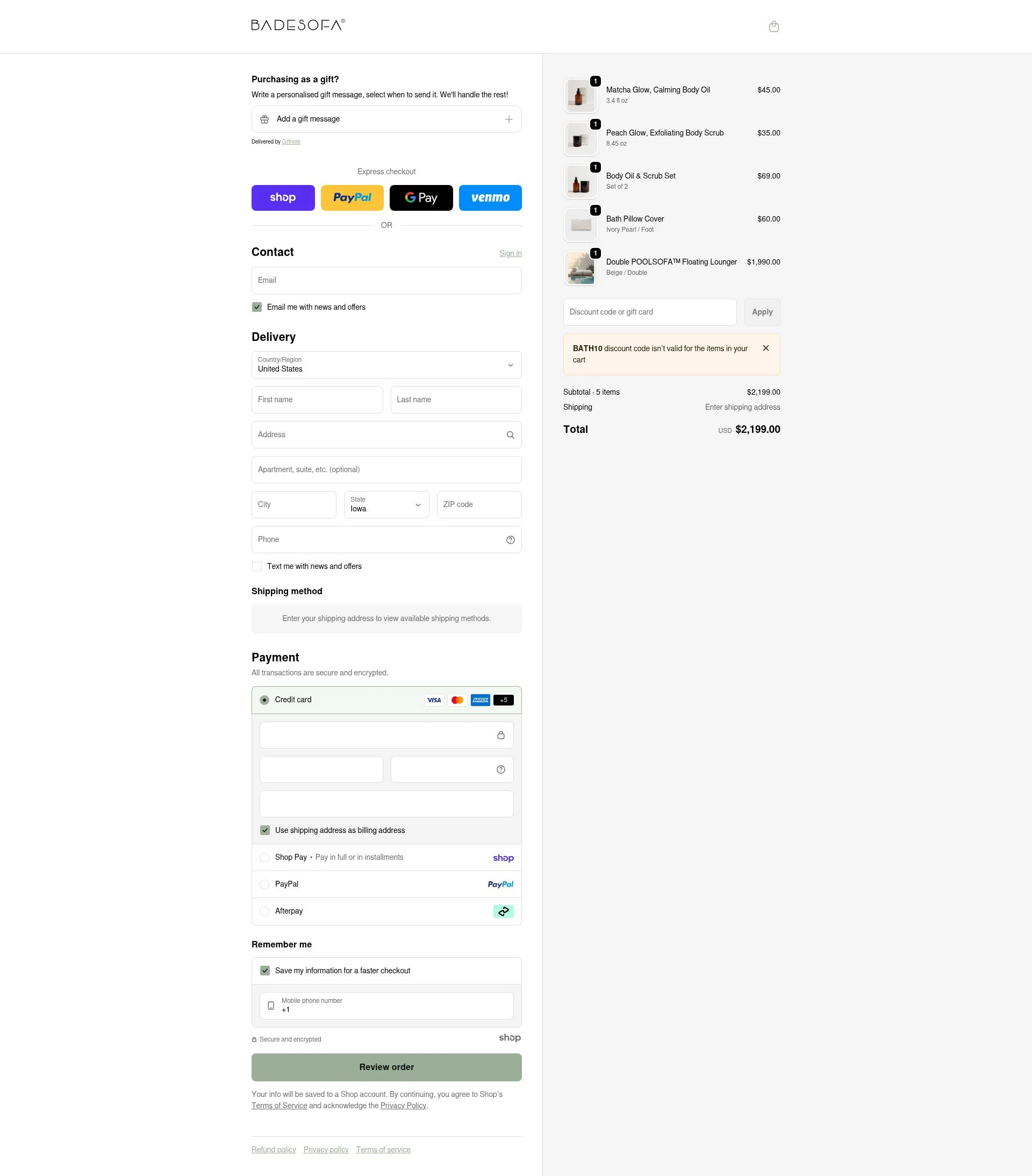 BADESOFA checkout page showing BADESOFA discount code box | Screenshot taken by SimplyCodes community member on Jan 21, 2026