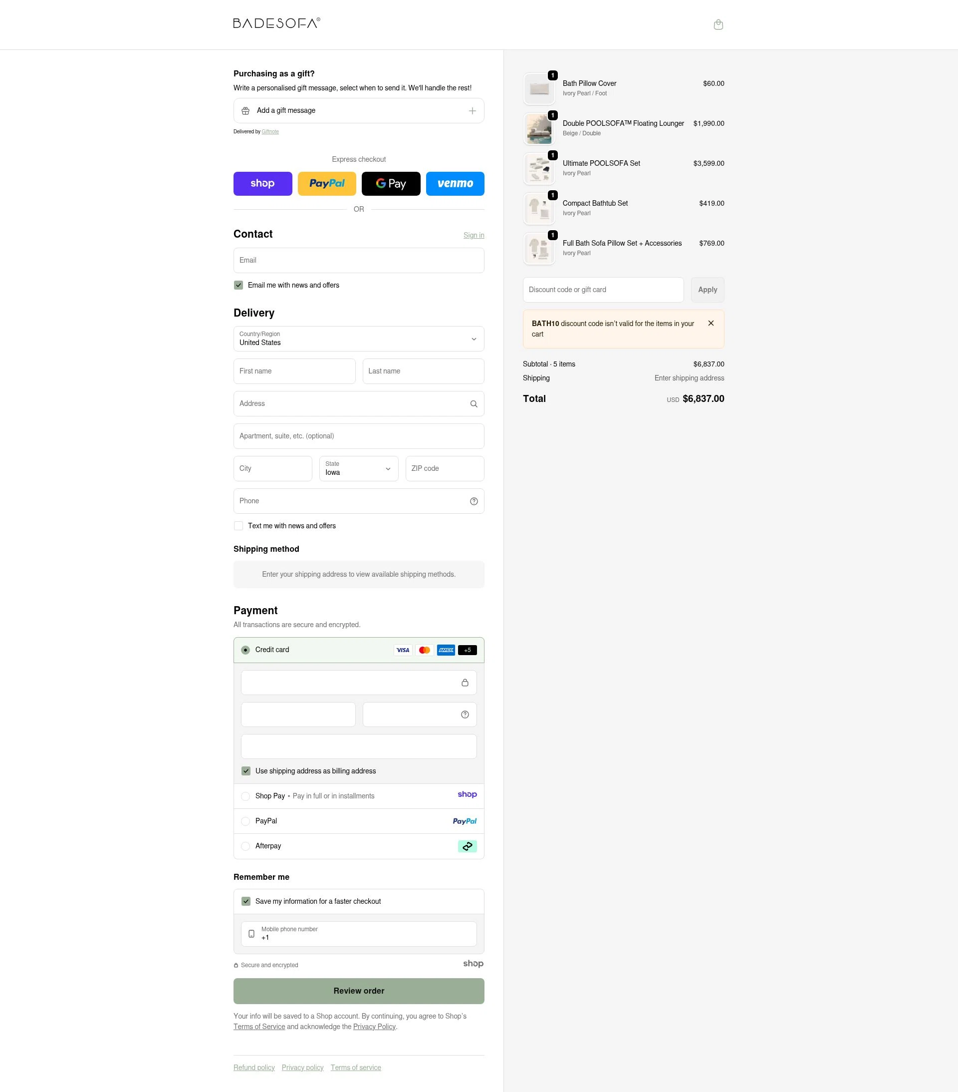 BADESOFA checkout page showing BADESOFA discount code box | Screenshot taken by SimplyCodes community member on Jan 17, 2026