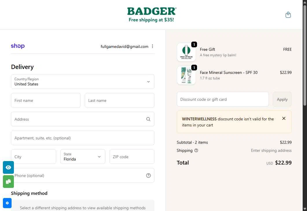Badger Balm checkout page showing Badger Balm discount code box | Screenshot taken by SimplyCodes community member on Jan 16, 2026