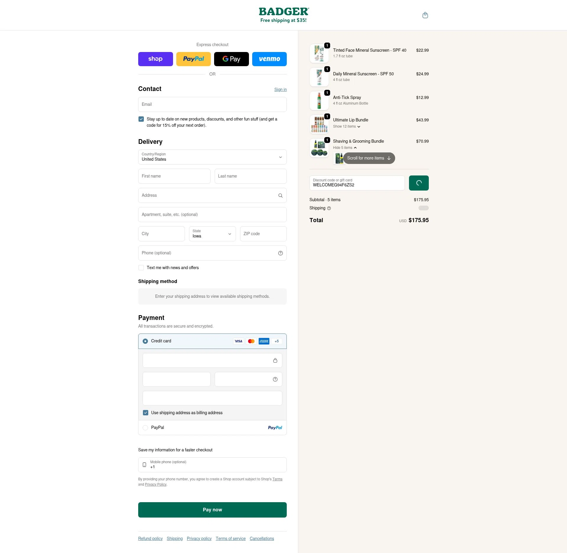 Badger Balm checkout page showing Badger Balm discount code box | Screenshot taken by SimplyCodes community member on Feb 16, 2026