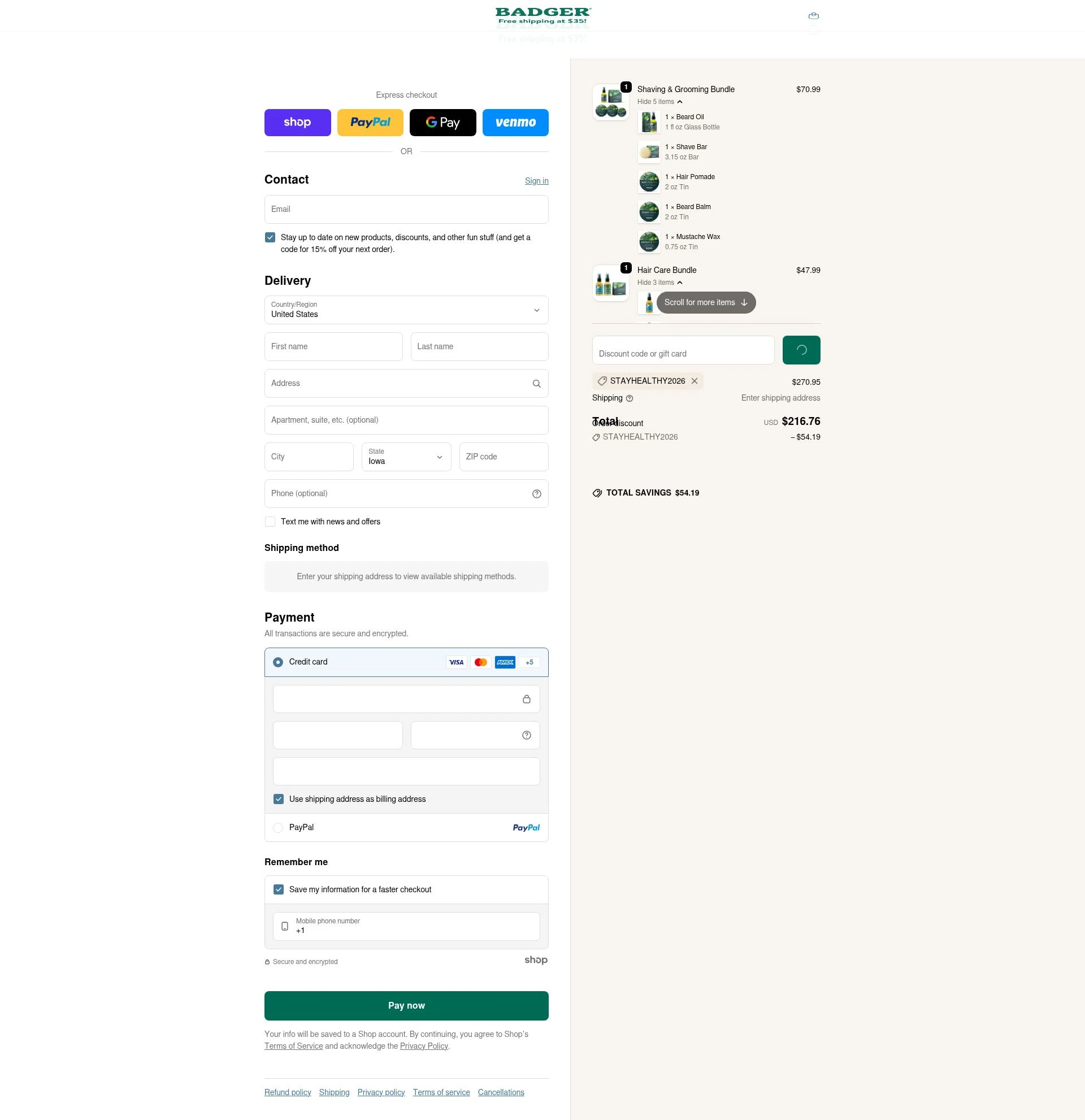 Badger Balm checkout page showing Badger Balm discount code box | Screenshot taken by SimplyCodes community member on Jan 30, 2026