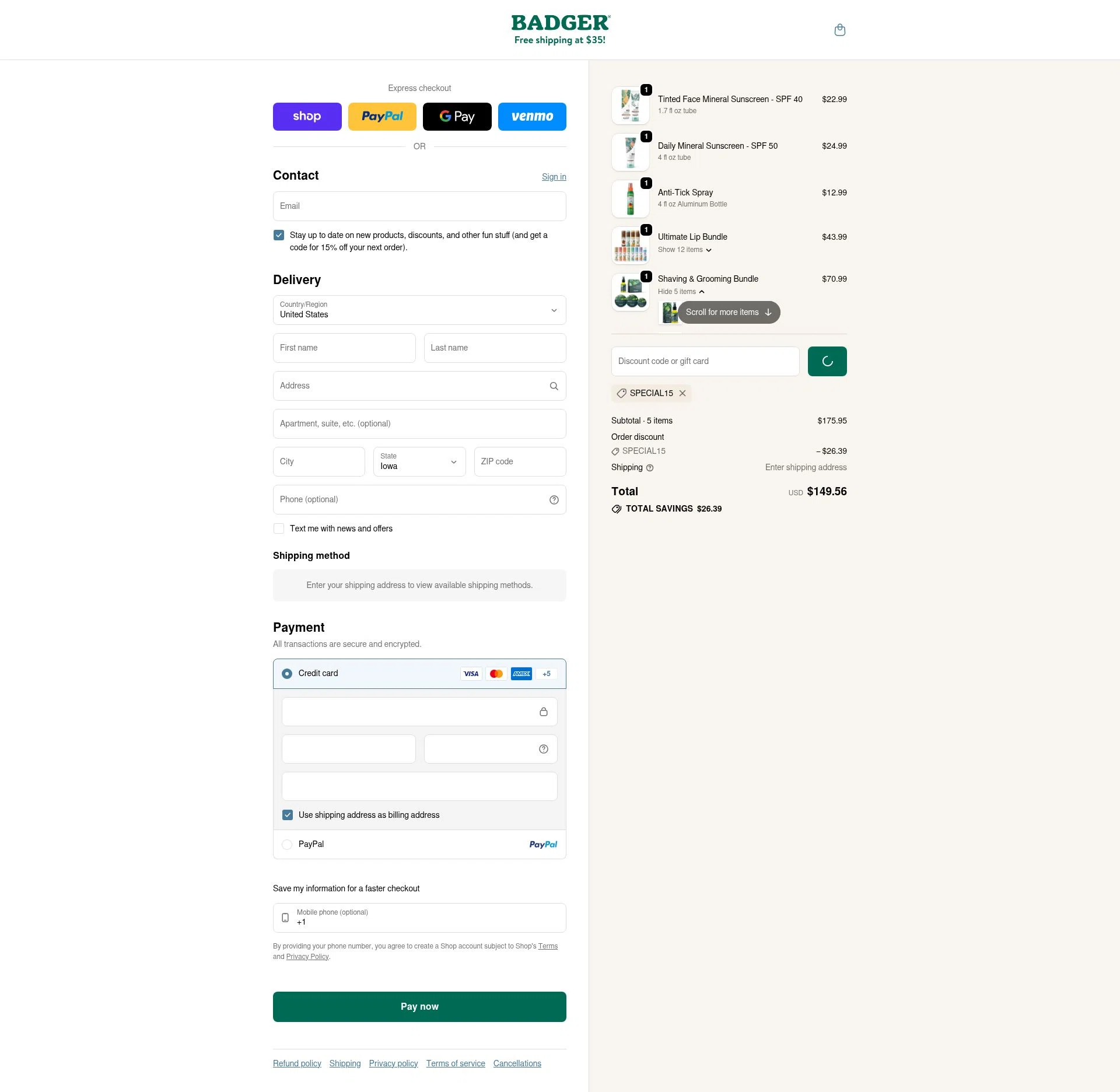 Badger Balm checkout page showing Badger Balm discount code box | Screenshot taken by SimplyCodes community member on Feb 16, 2026