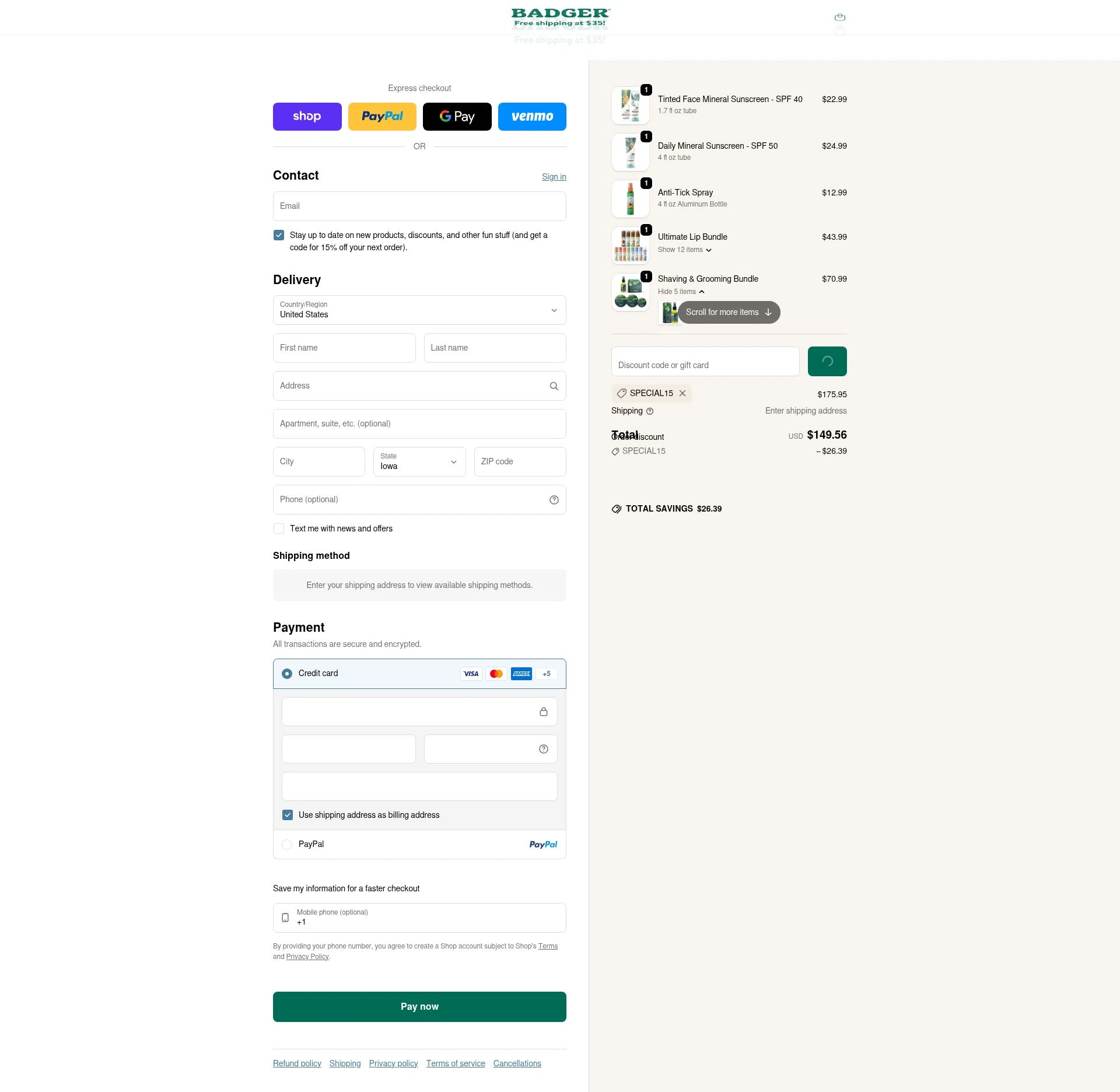 Badger Balm checkout page showing Badger Balm discount code box | Screenshot taken by SimplyCodes community member on Feb 12, 2026