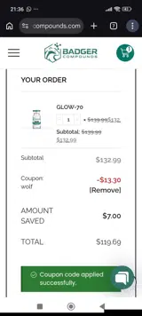 Badger Compounds coupon verification screenshot