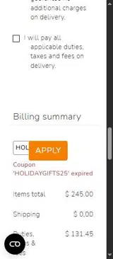 HOLIDAYGIFTS25 coupon verification screenshot