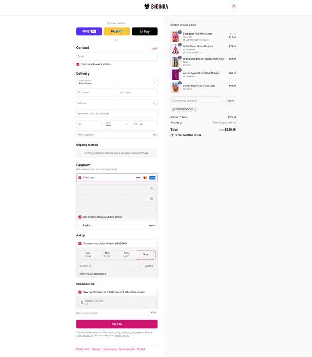 Badinka checkout page showing Badinka coupon code box | Screenshot taken by SimplyCodes community member on Aug 27, 2025