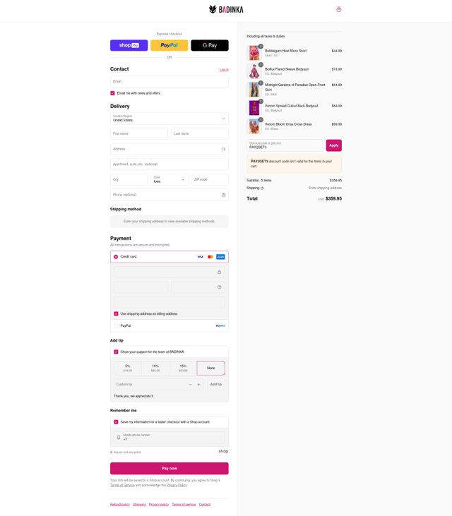 Badinka checkout page showing Badinka coupon code box | Screenshot taken by SimplyCodes community member on Aug 27, 2025