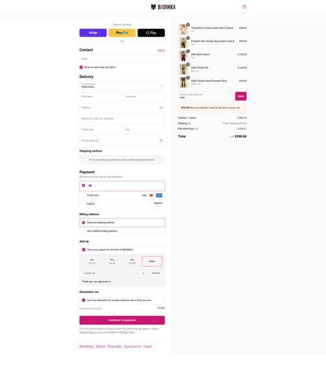 Badinka checkout page showing Badinka coupon code box | Screenshot taken by SimplyCodes community member on Sep 12, 2025
