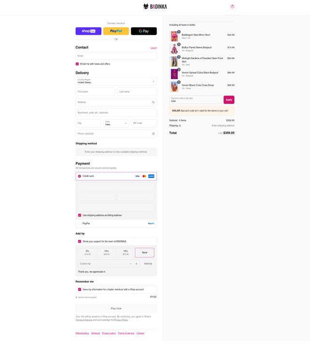 Badinka checkout page showing Badinka coupon code box | Screenshot taken by SimplyCodes community member on Aug 27, 2025
