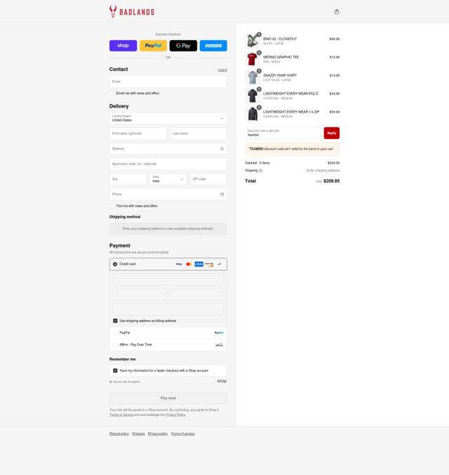 Badlands Gear checkout page showing Badlands Gear discount code box | Screenshot taken by SimplyCodes community member on Sep 2, 2025