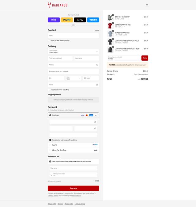 Badlands Gear checkout page showing Badlands Gear discount code box | Screenshot taken by SimplyCodes community member on Sep 10, 2025