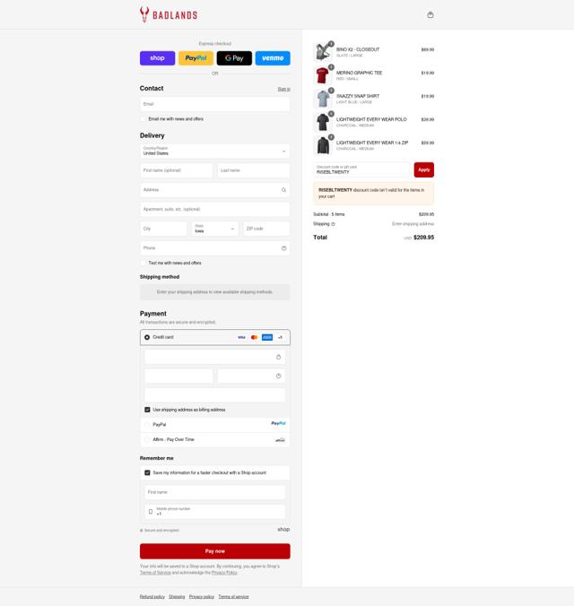 Badlands Gear checkout page showing Badlands Gear discount code box | Screenshot taken by SimplyCodes community member on Sep 10, 2025