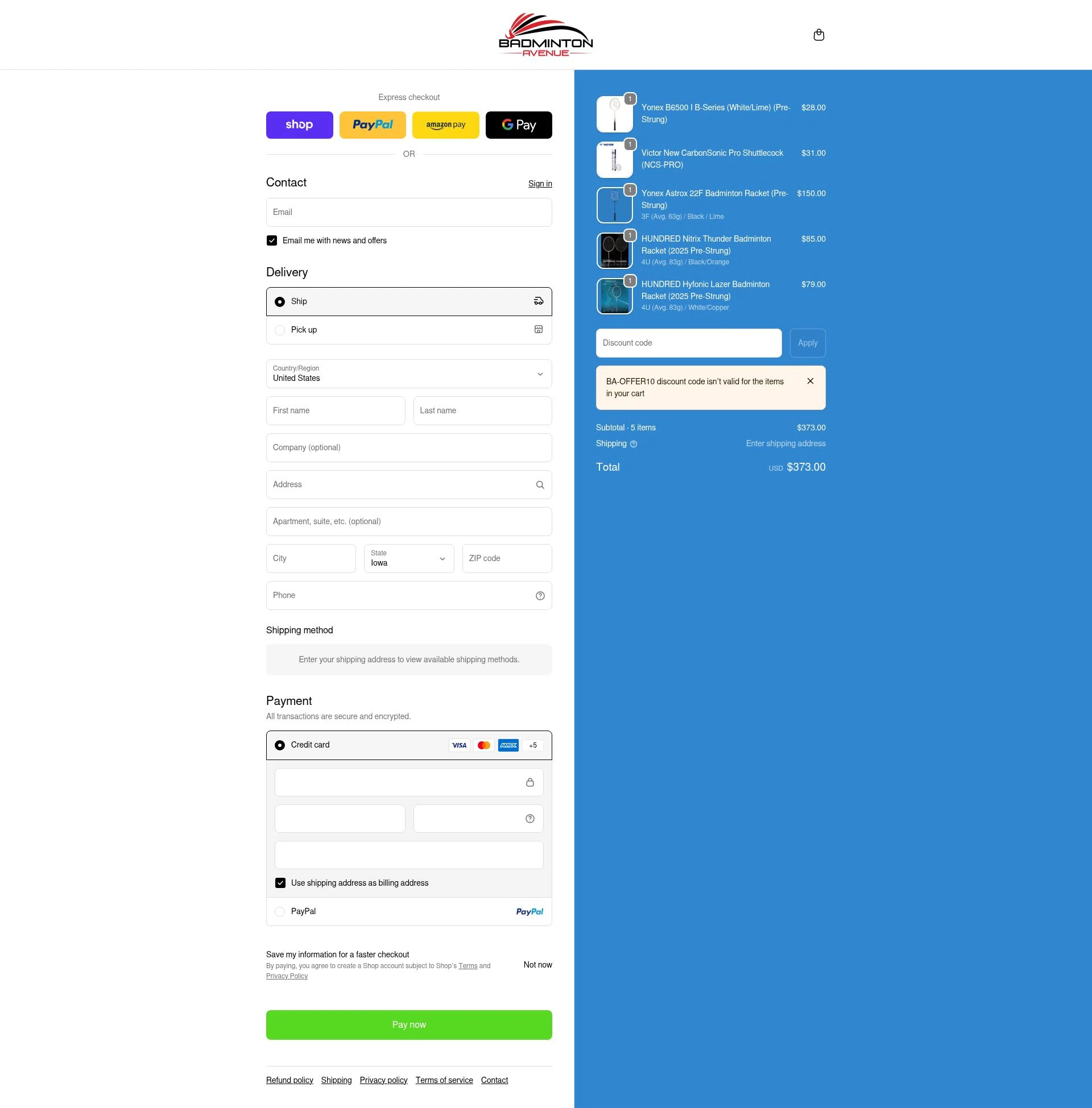 Badminton Avenue checkout page showing Badminton Avenue discount code box | Screenshot taken by SimplyCodes community member on Feb 15, 2026