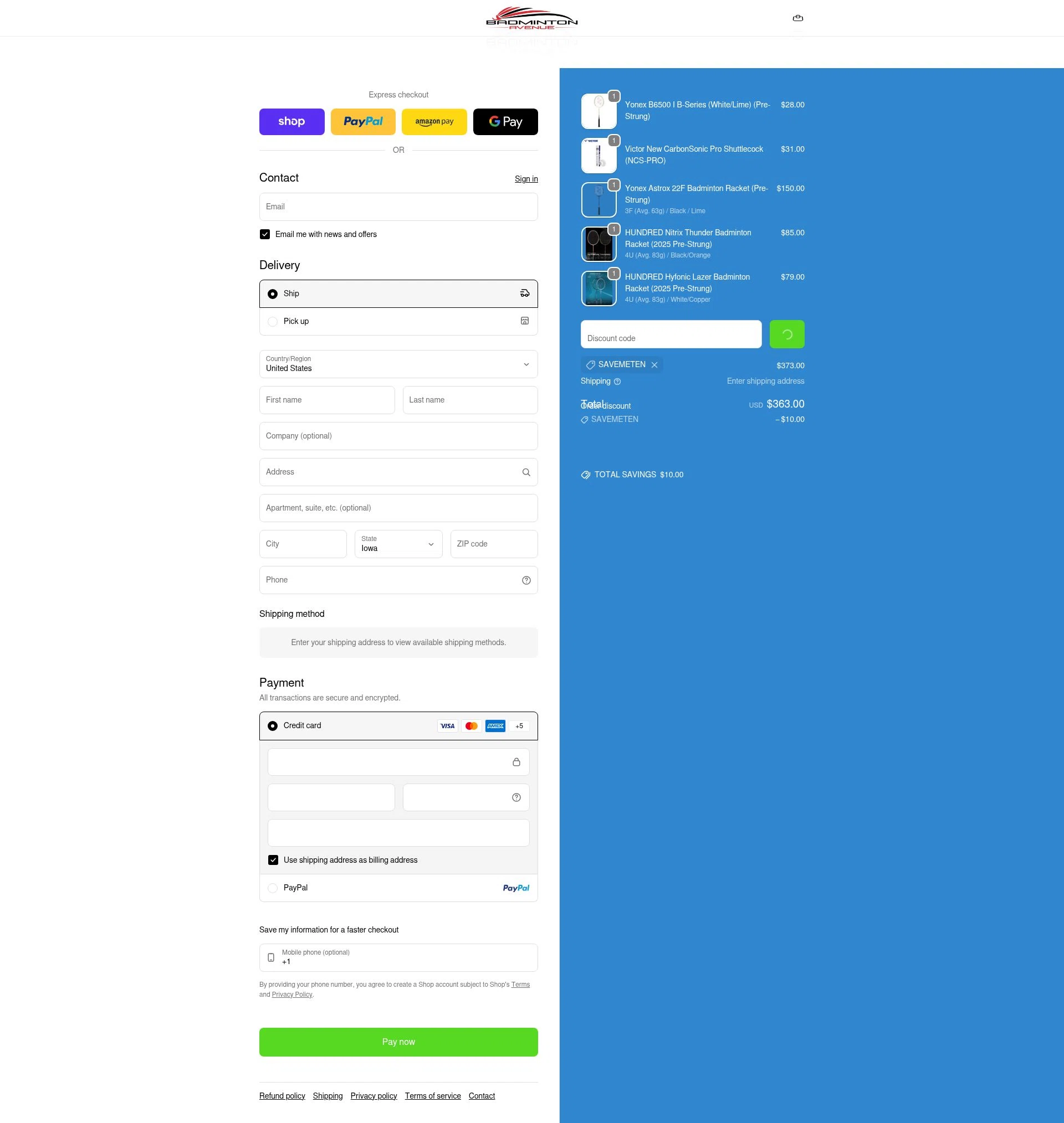 Badminton Avenue checkout page showing Badminton Avenue discount code box | Screenshot taken by SimplyCodes community member on Feb 11, 2026