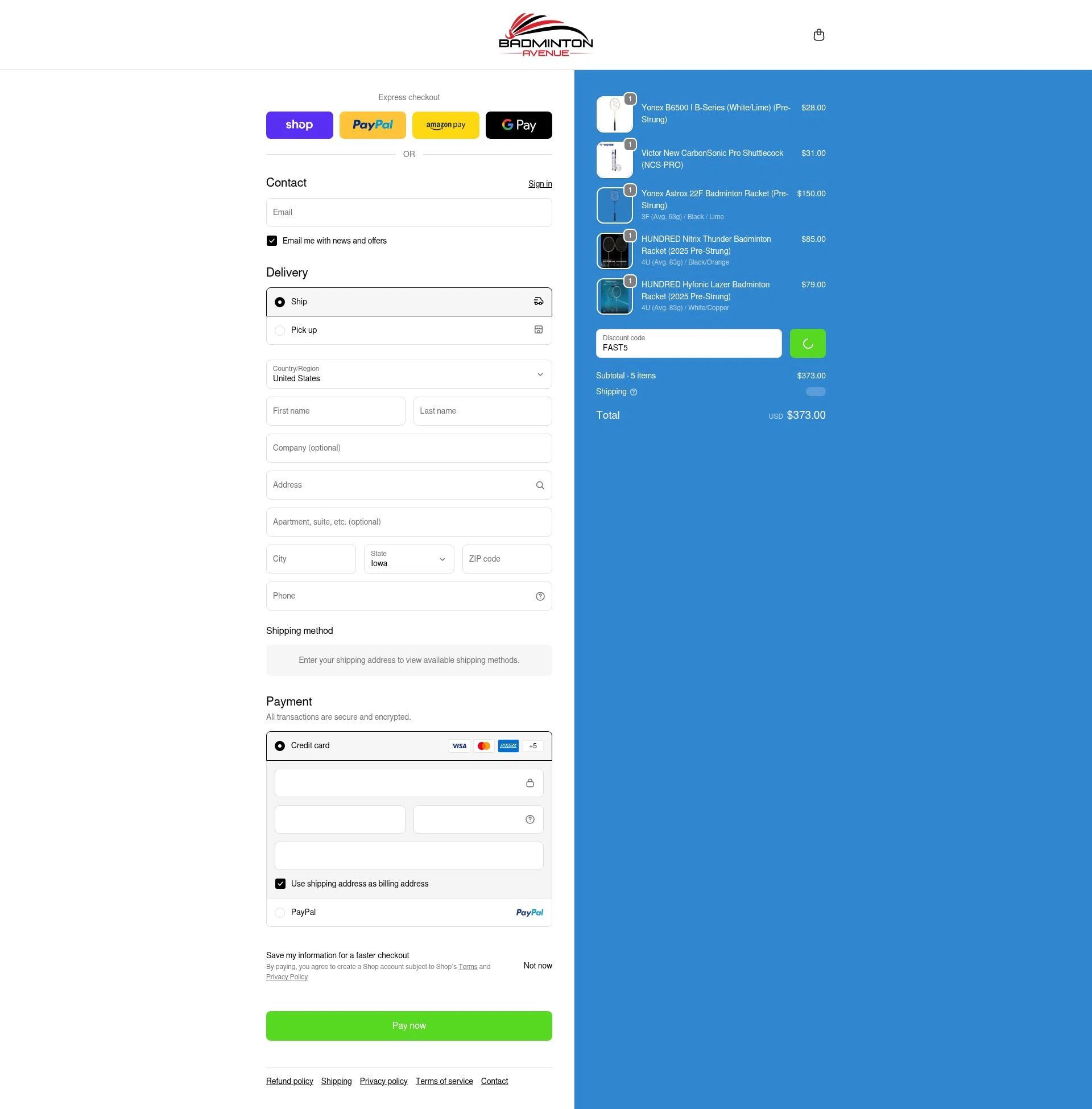 Badminton Avenue checkout page showing Badminton Avenue discount code box | Screenshot taken by SimplyCodes community member on Feb 15, 2026