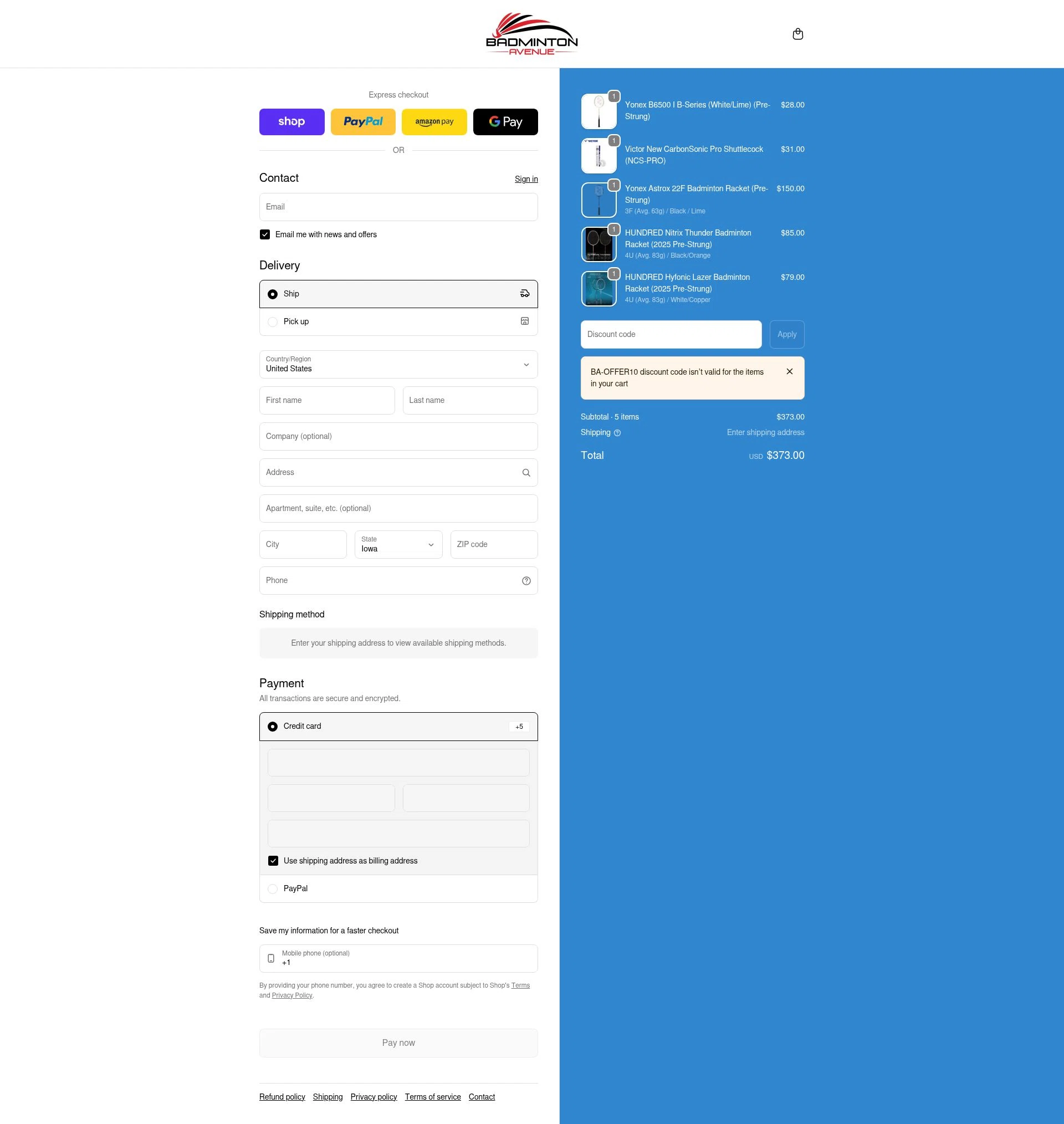 Badminton Avenue checkout page showing Badminton Avenue discount code box | Screenshot taken by SimplyCodes community member on Feb 11, 2026