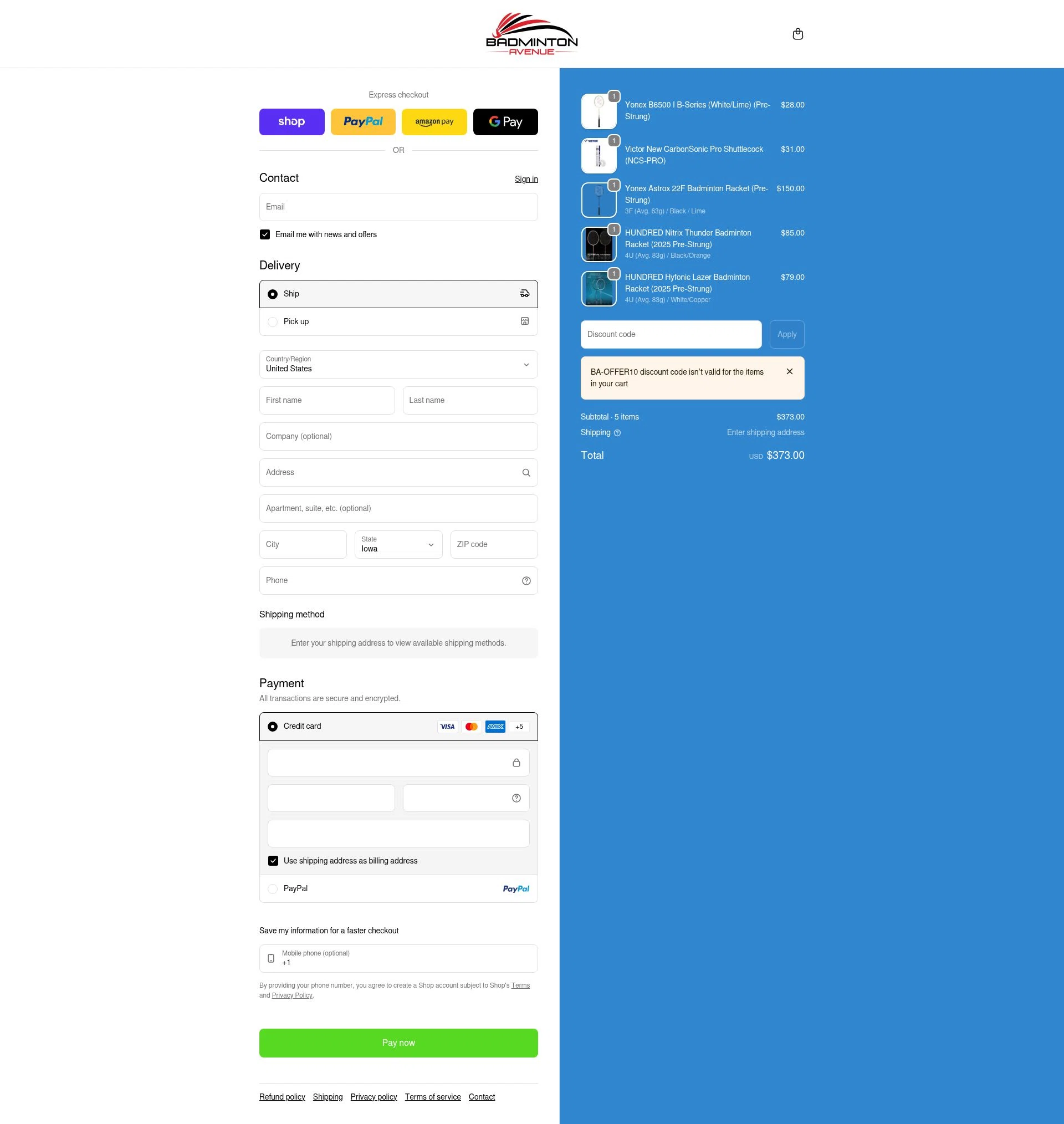 Badminton Avenue checkout page showing Badminton Avenue discount code box | Screenshot taken by SimplyCodes community member on Feb 20, 2026