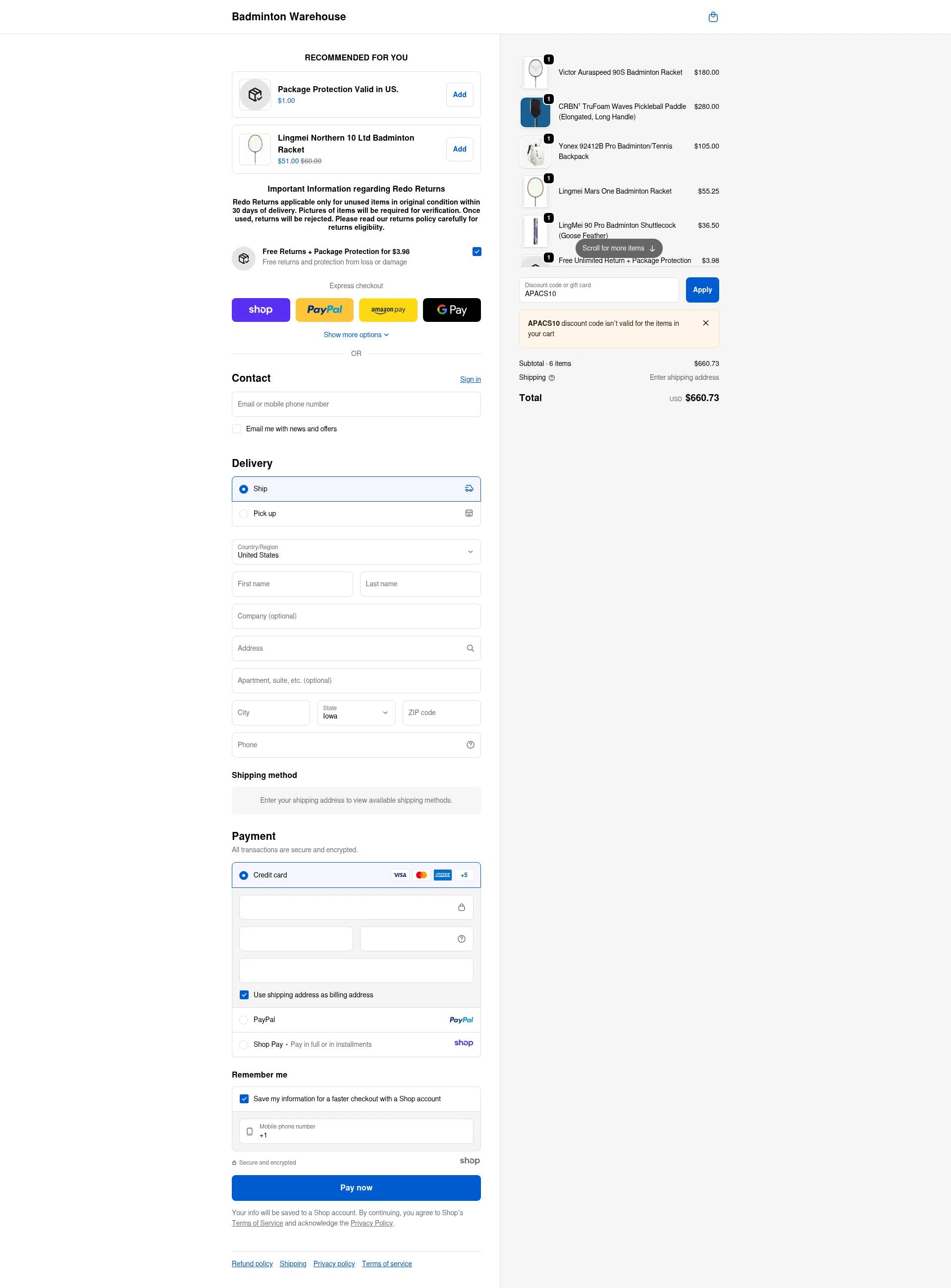 Badminton Warehouse checkout page showing Badminton Warehouse discount code box | Screenshot taken by SimplyCodes community member on Dec 4, 2025