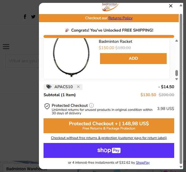 Badminton Warehouse checkout page showing Badminton Warehouse discount code box | Screenshot taken by SimplyCodes community member on Oct 29, 2025