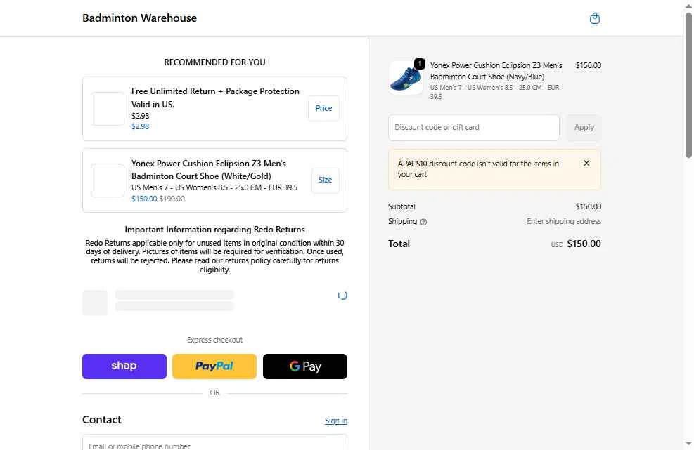 Badminton Warehouse checkout page showing Badminton Warehouse discount code box | Screenshot taken by SimplyCodes community member on Dec 22, 2025
