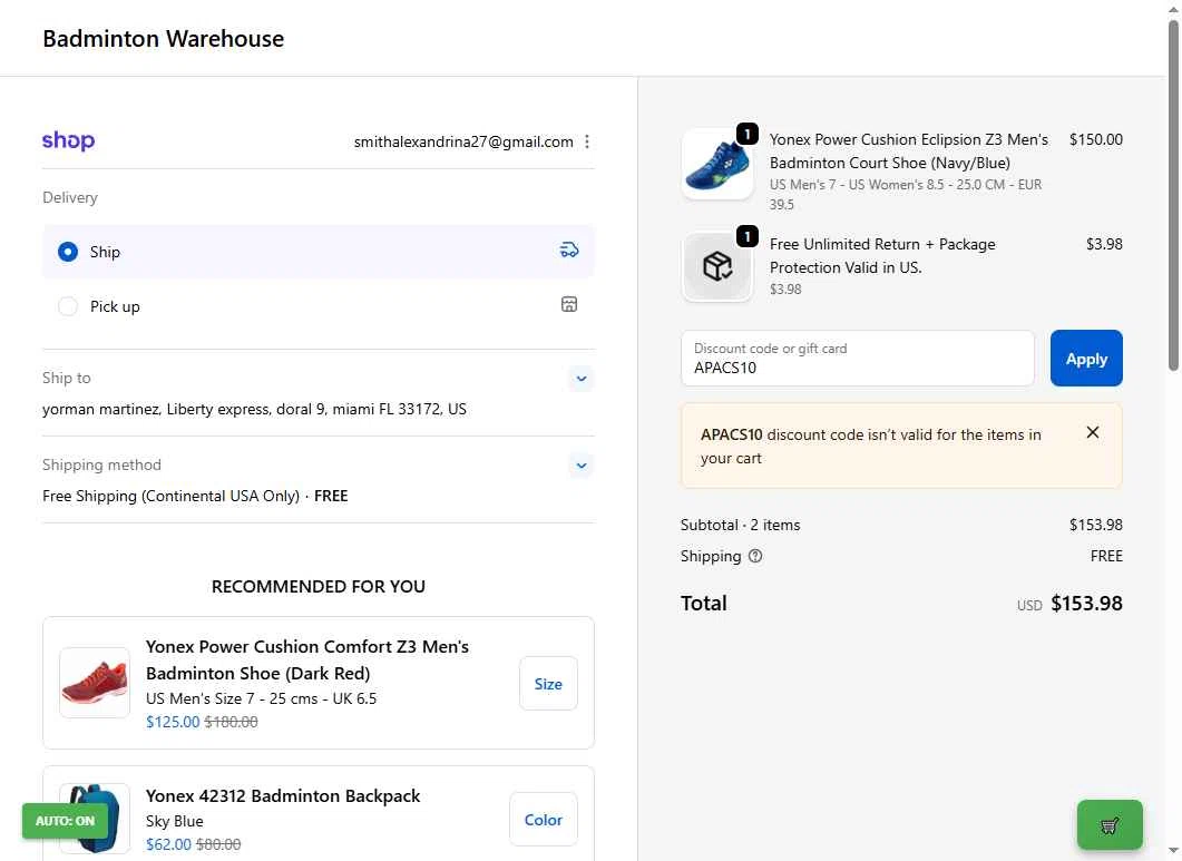 Badminton Warehouse checkout page showing Badminton Warehouse discount code box | Screenshot taken by SimplyCodes community member on Nov 27, 2025
