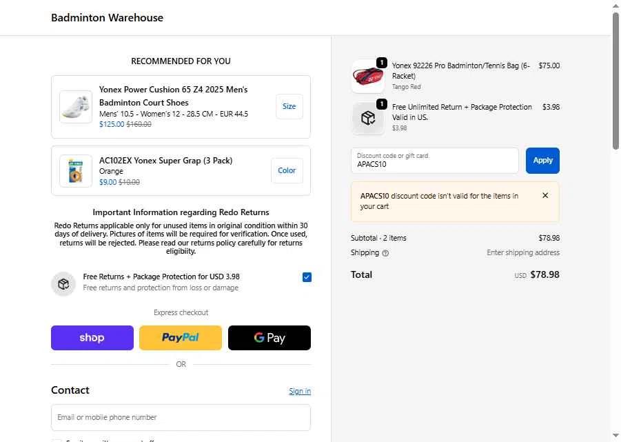 Badminton Warehouse checkout page showing Badminton Warehouse discount code box | Screenshot taken by SimplyCodes community member on Nov 30, 2025