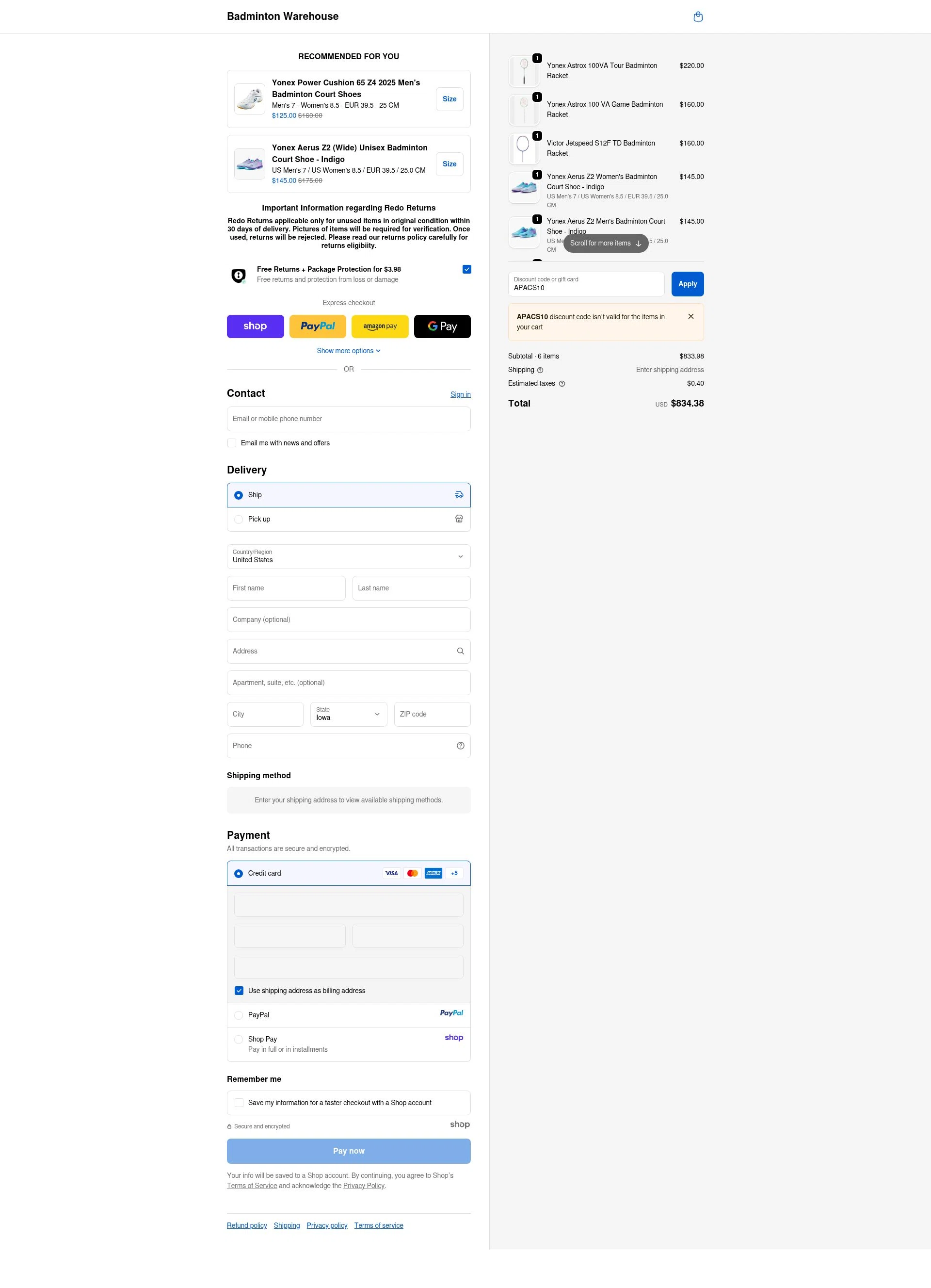 Badminton Warehouse checkout page showing Badminton Warehouse discount code box | Screenshot taken by SimplyCodes community member on Oct 14, 2025