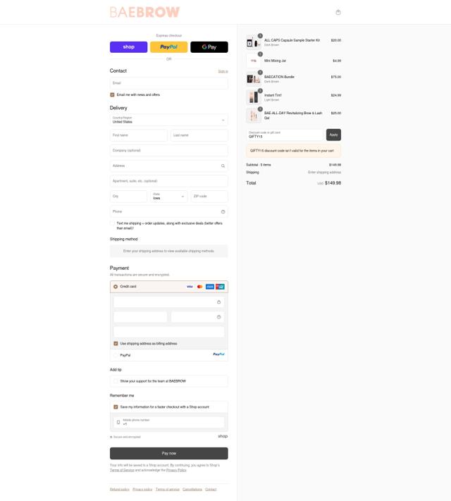 BAEBROW checkout page showing BAEBROW discount code box | Screenshot taken by SimplyCodes community member on Sep 11, 2025