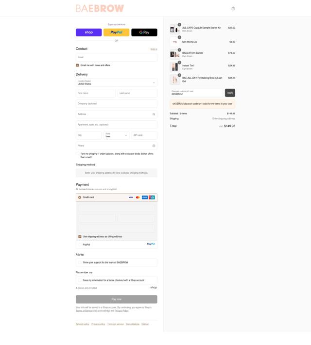 BAEBROW checkout page showing BAEBROW discount code box | Screenshot taken by SimplyCodes community member on Sep 15, 2025