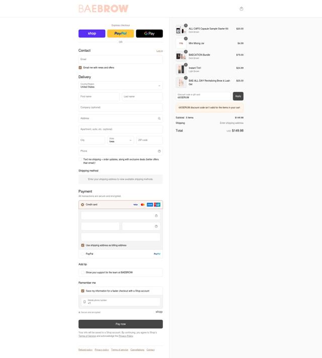 BAEBROW checkout page showing BAEBROW discount code box | Screenshot taken by SimplyCodes community member on Sep 7, 2025