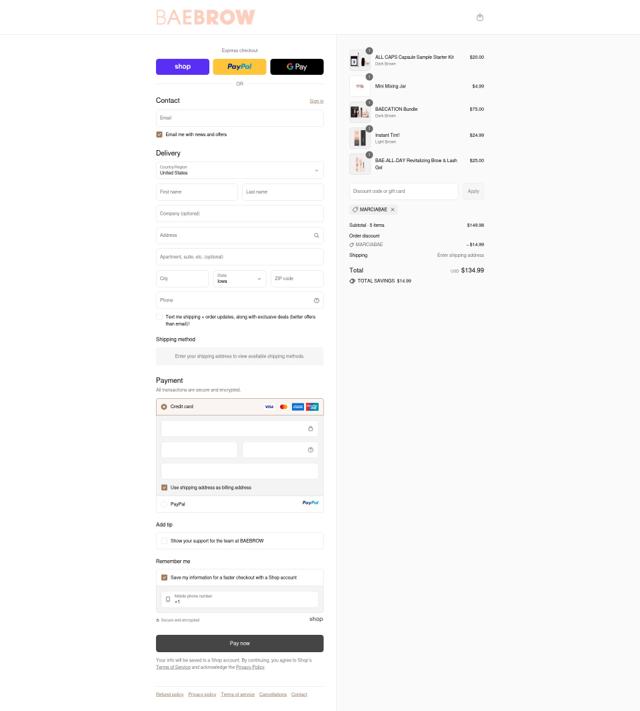 BAEBROW checkout page showing BAEBROW discount code box | Screenshot taken by SimplyCodes community member on Sep 11, 2025