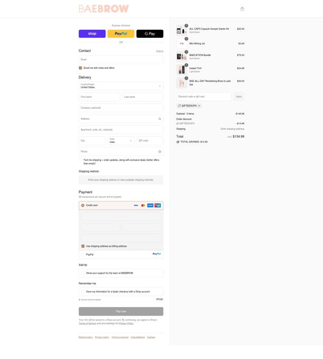 BAEBROW checkout page showing BAEBROW discount code box | Screenshot taken by SimplyCodes community member on Sep 15, 2025