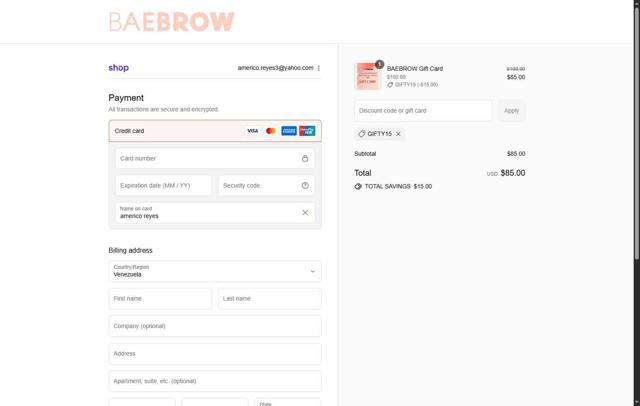 BAEBROW checkout page showing BAEBROW discount code box | Screenshot taken by SimplyCodes community member on Sep 15, 2025