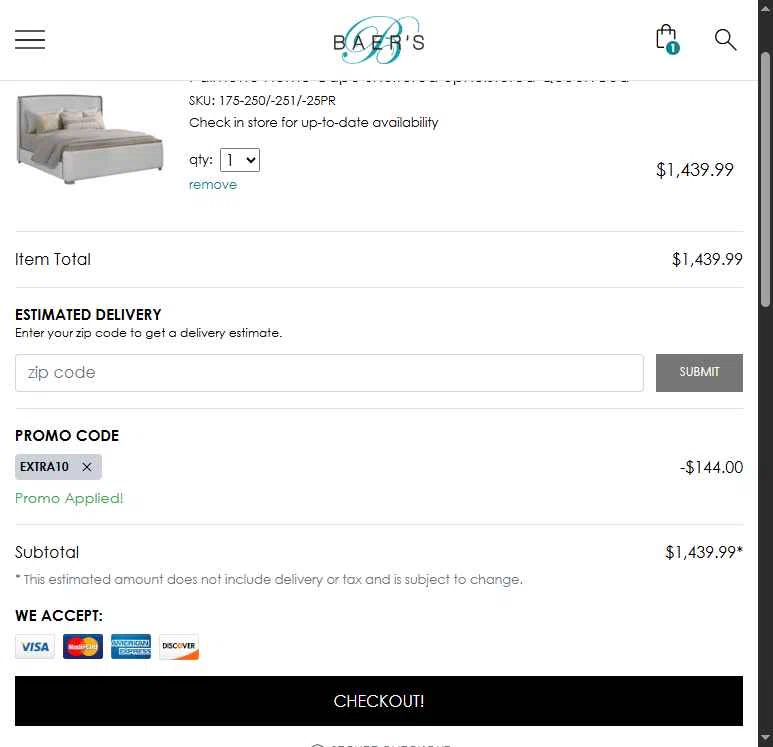 Baer's checkout page showing Baer's promo code box | Screenshot taken by SimplyCodes community member on Dec 23, 2025