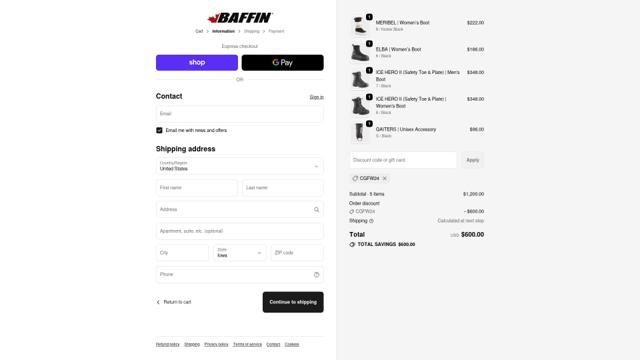 Baffin checkout page showing Baffin discount code box | Screenshot taken by SimplyCodes community member on Oct 3, 2025