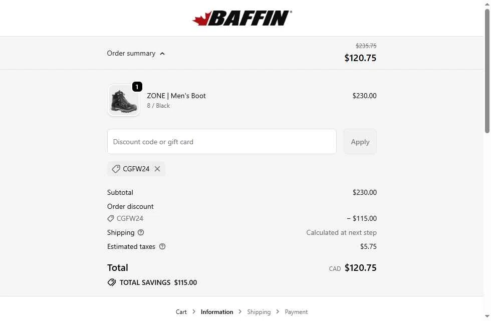 Baffin checkout page showing Baffin discount code box | Screenshot taken by SimplyCodes community member on Jan 29, 2026