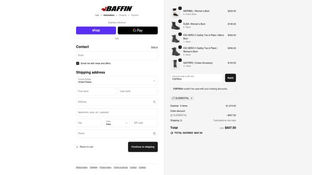 Baffin checkout page showing Baffin discount code box | Screenshot taken by SimplyCodes community member on Sep 29, 2025